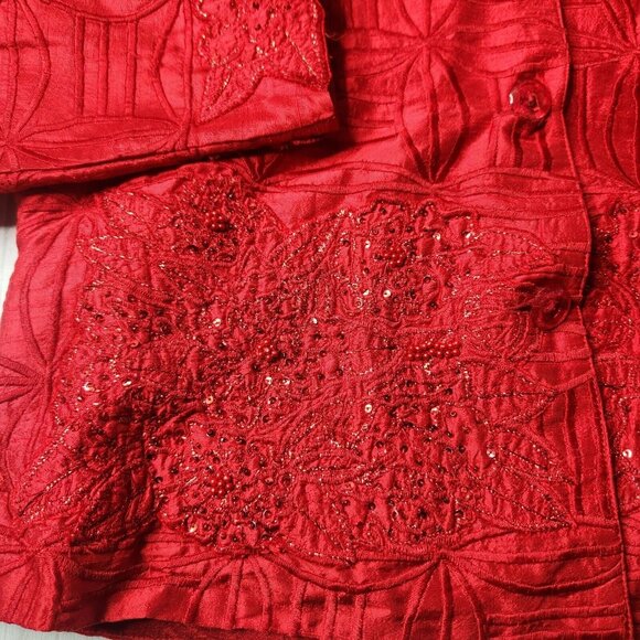 Vintage Anage Red Silk Jacket Topper Coat Boho Beaded Embroidered Blazer Medium - Picture 7 of 11